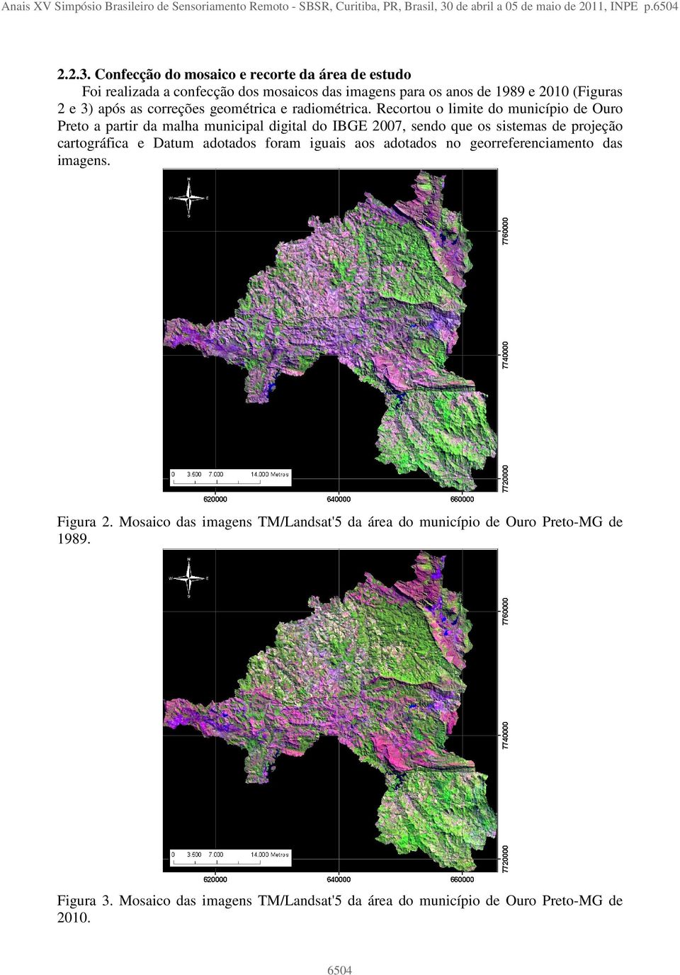 Confecção do mosaico e recorte da área de estudo Foi realizada a confecção dos mosaicos das imagens para os anos de 1989 e 2010 (Figuras 2 e 3) após as correções geométrica e