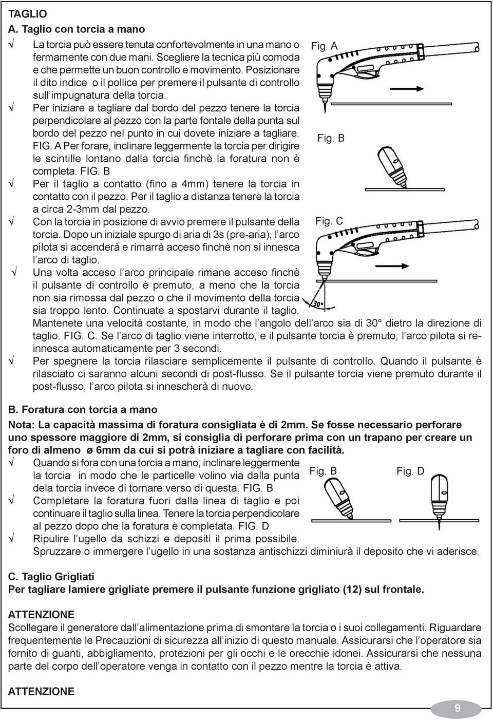 A Per iniziare a tagliare dal bordo del pezzo tenere la torcia perpendicolare al pezzo con la parte fontale della punta sul bordo del pezzo nel punto in cui dovete iniziare a tagliare. FIG.