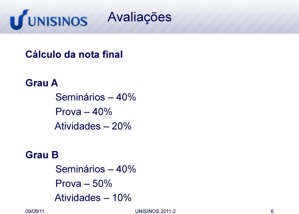 20% Grau B Seminários 40% Prova 50%