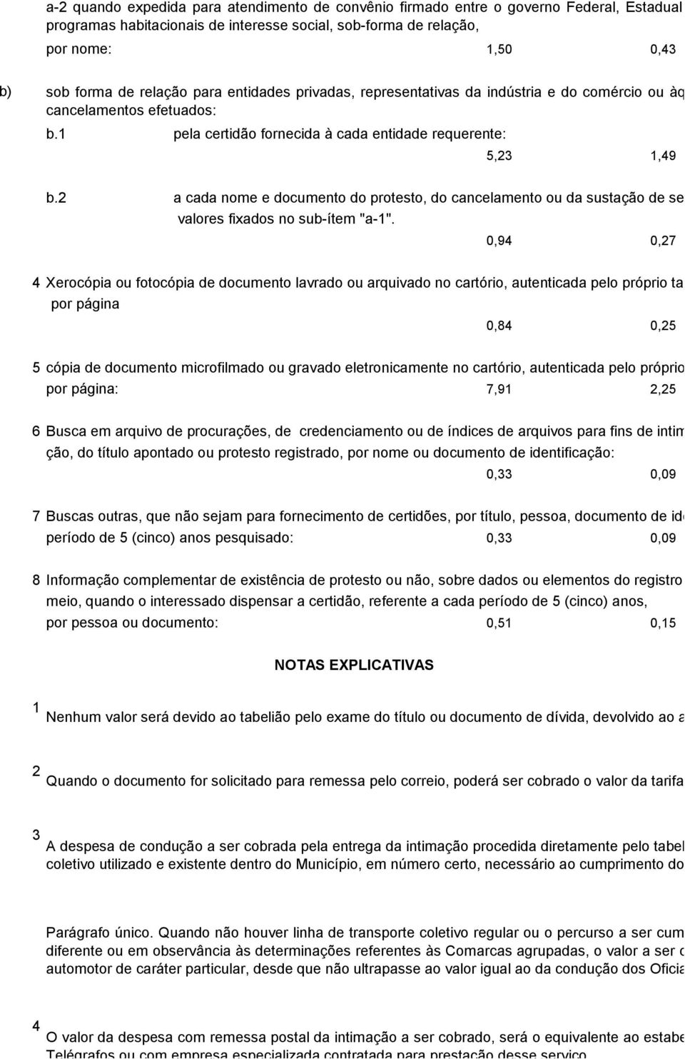 2 a cada nome e documento do protesto, do cancelamento ou da sustação de seus efeitos, r valores fixados no sub-ítem "a-1".