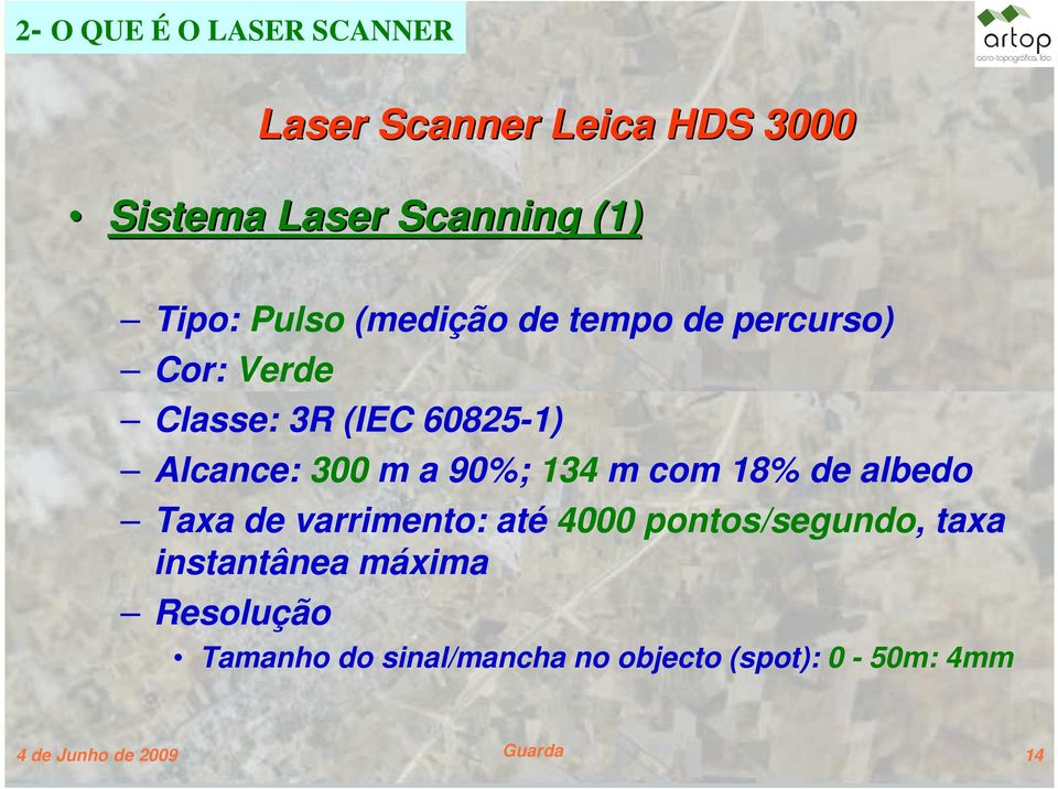 90%; 134 m com 18% de albedo Taxa de varrimento: até 4000 pontos/segundo, taxa instantânea