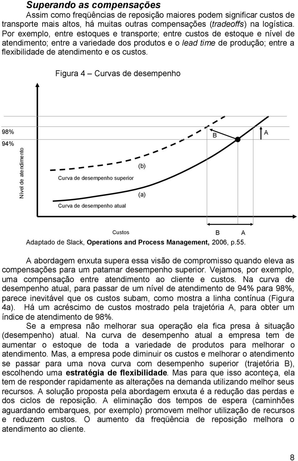 Figura 4 Curvas de desempenho 98% 94% Nível de atendimento Curva de desempenho superior Curva de desempenho atual (b) (a) B A Custos Adaptado de Slack, Operations and Process Management, 2006, p.55.