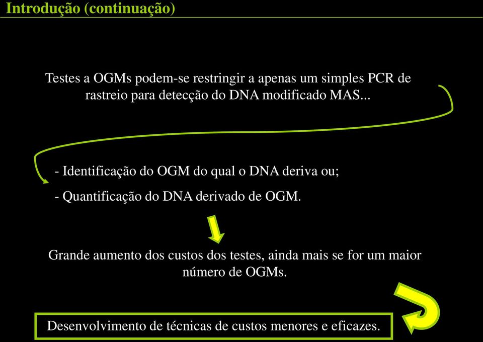 .. - Identificação do OGM do qual o DNA deriva ou; - Quantificação do DNA derivado de OGM.
