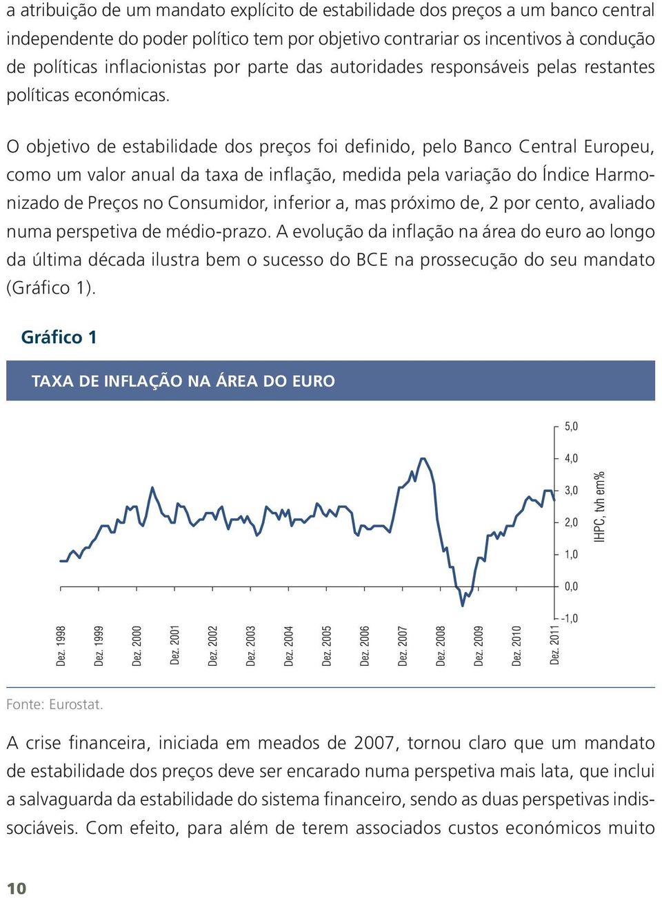 O objetivo de estabilidade dos preços foi definido, pelo Banco Central Europeu, como um valor anual da taxa de inflação, medida pela variação do Índice Harmonizado de Preços no Consumidor, inferior