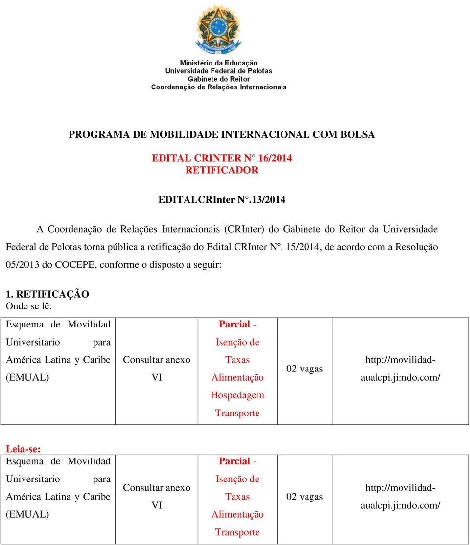 15/2014, de acordo com a Resolução 05/2013 do COCEPE, conforme o disposto a seguir: 1.