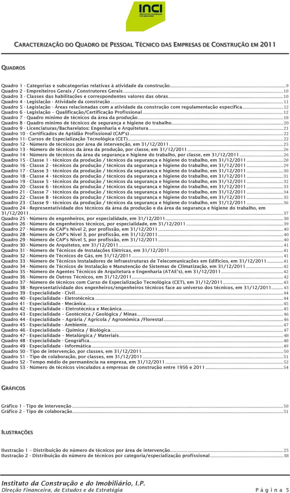 .. 11 Quadro 5 - Legislação - Áreas relacionadas com a atividade da construção com regulamentação específica... 12 Quadro 6 - Legislação Qualificação/Certificação Profissional.