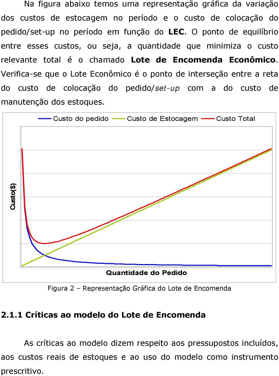 Verifica-se que o Lote Econômico é o ponto de interseção entre a reta do custo de colocação do pedido/set-up com a do custo de manutenção dos estoques.