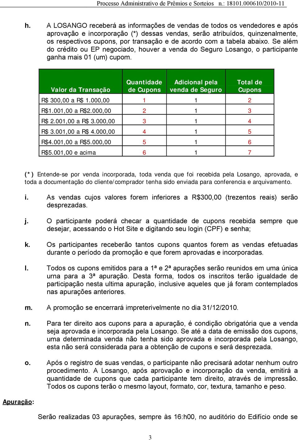 Quantidade Adicional pela Total de Valor da Transação de Cupons venda de Seguro Cupons R$ 300,00 a R$ 1.000,00 1 1 2 R$1.001,00 a R$2.000,00 2 1 3 R$ 2.001,00 a R$ 3.000,00 3 1 4 R$ 3.001,00 a R$ 4.