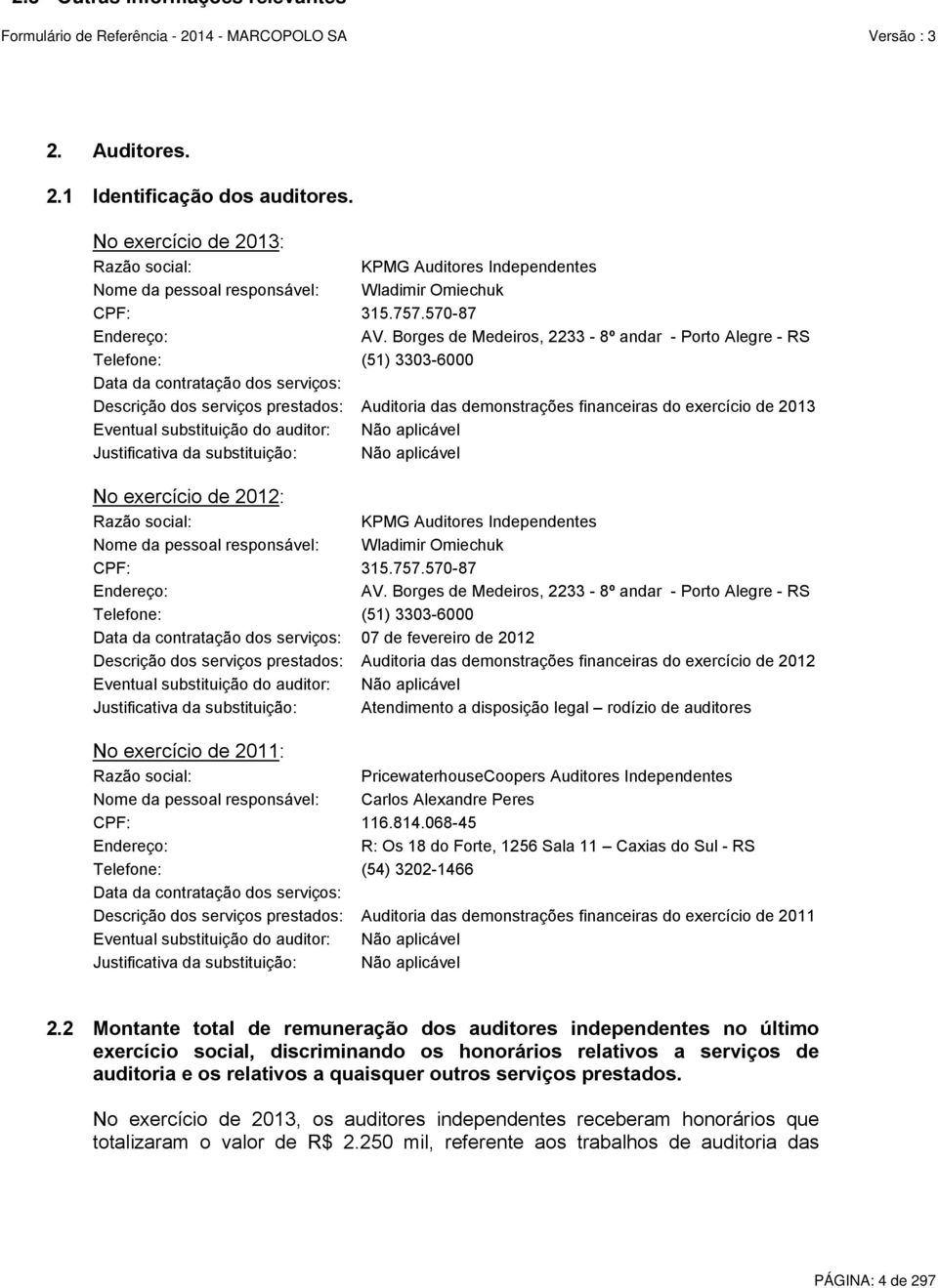 Borges de Medeiros, 2233-8º andar - Porto Alegre - RS Telefone: (51) 3303-6000 Data da contratação dos serviços: Descrição dos serviços prestados: Auditoria das demonstrações financeiras do exercício