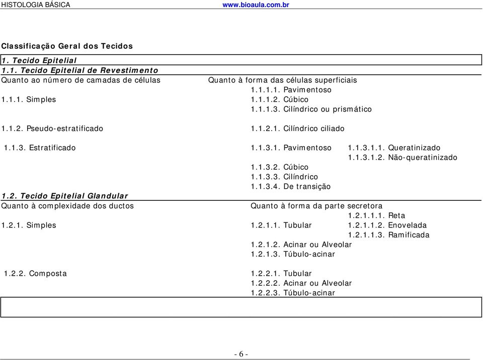 1.3.2. Cúbico 1.1.3.3. Cilíndrico 1.1.3.4. De transição 1.2. Tecido Epitelial Glandular Quanto à complexidade dos ductos Quanto à forma da parte secretora 1.2.1.1.1. Reta 1.2.1. Simples 1.2.1.1. Tubular 1.