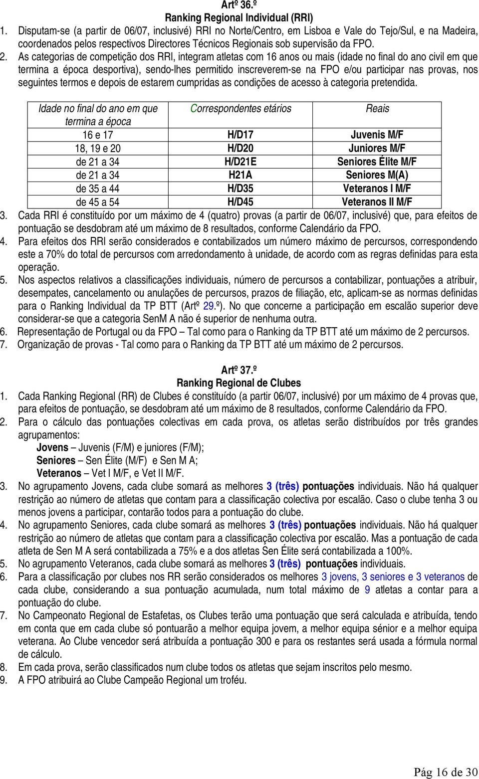 As categorias de competição dos RRI, integram atletas com 16 anos ou mais (idade no final do ano civil em que termina a época desportiva), sendo-lhes permitido inscreverem-se na FPO e/ou participar