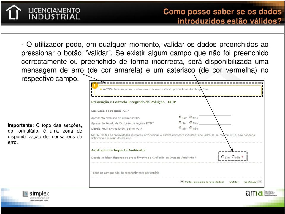 Se existir algum campo que não foi preenchido correctamente ou preenchido de forma incorrecta, será disponibilizada