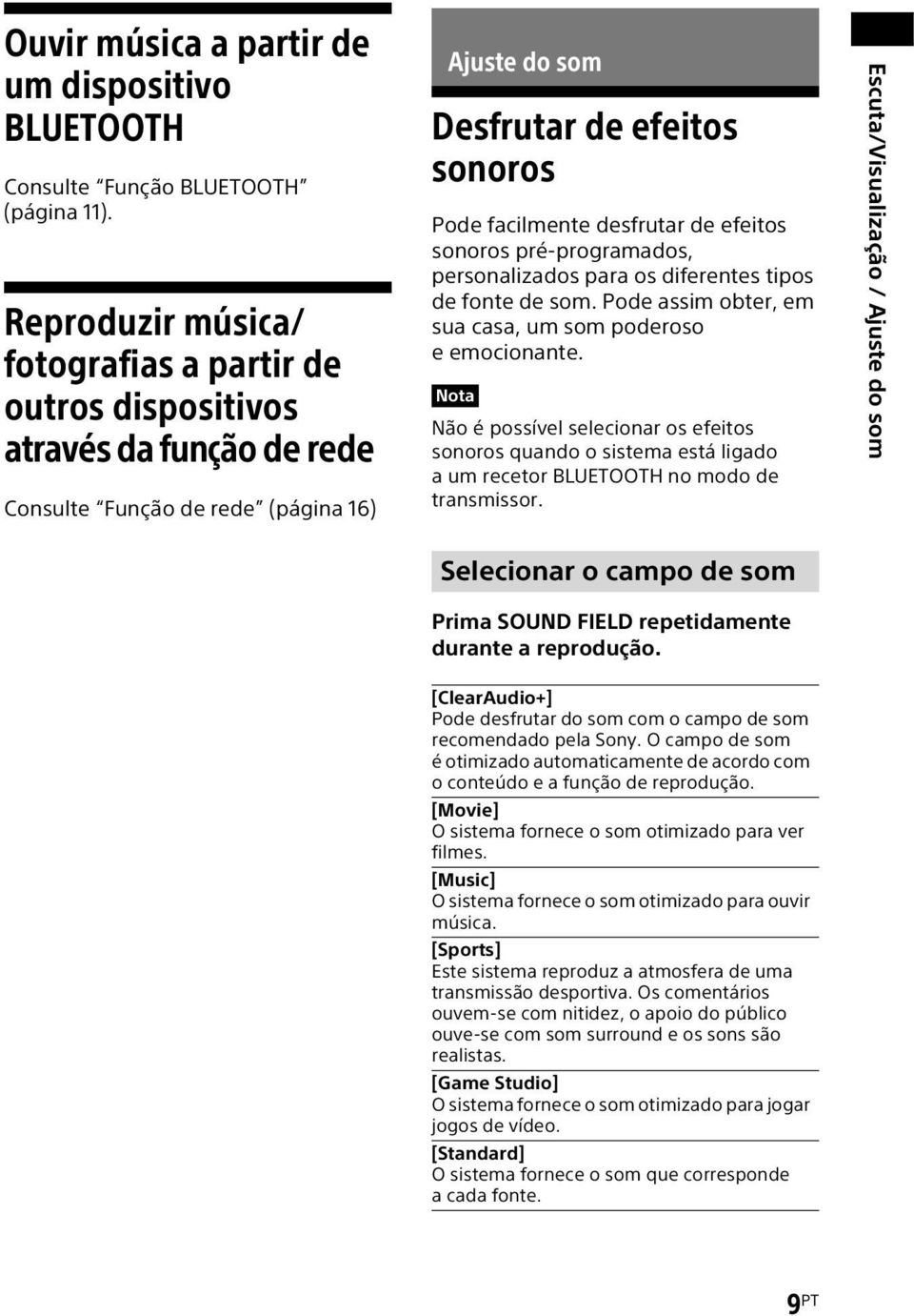 efeitos sonoros pré-programados, personalizados para os diferentes tipos de fonte de som. Pode assim obter, em sua casa, um som poderoso e emocionante.