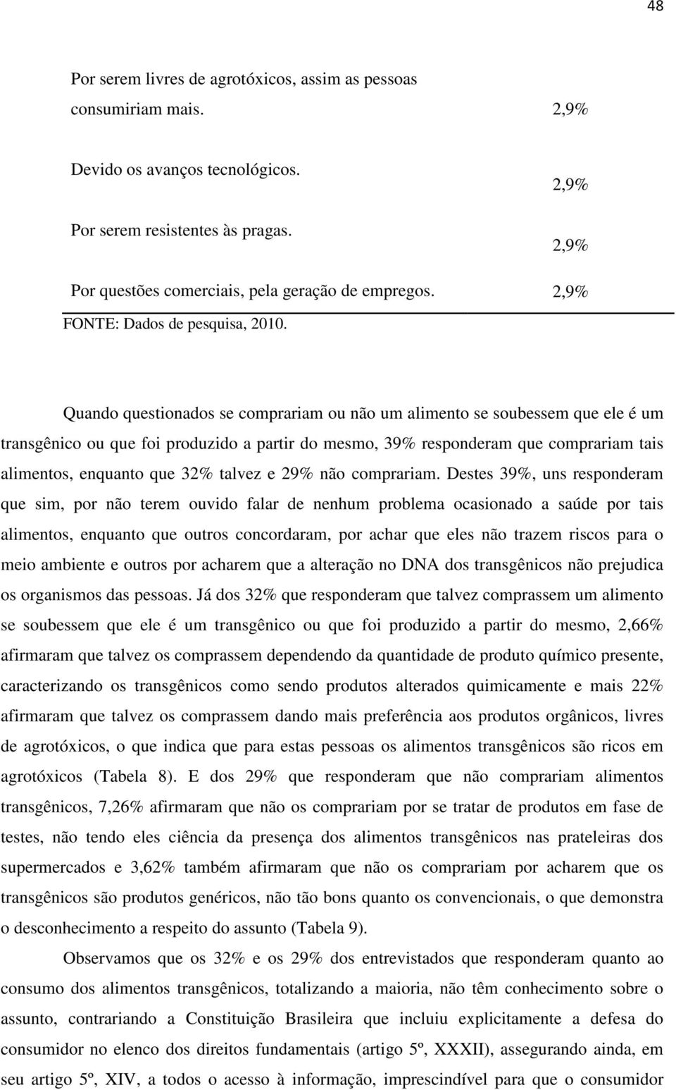 Quando questionados se comprariam ou não um alimento se soubessem que ele é um transgênico ou que foi produzido a partir do mesmo, 39% responderam que comprariam tais alimentos, enquanto que 32%