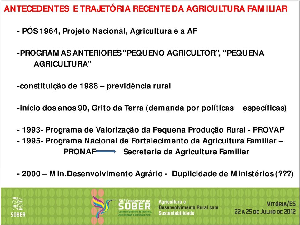 políticas específicas) - 1993- Programa de Valorização da Pequena Produção Rural - PROVAP - 1995- Programa Nacional de