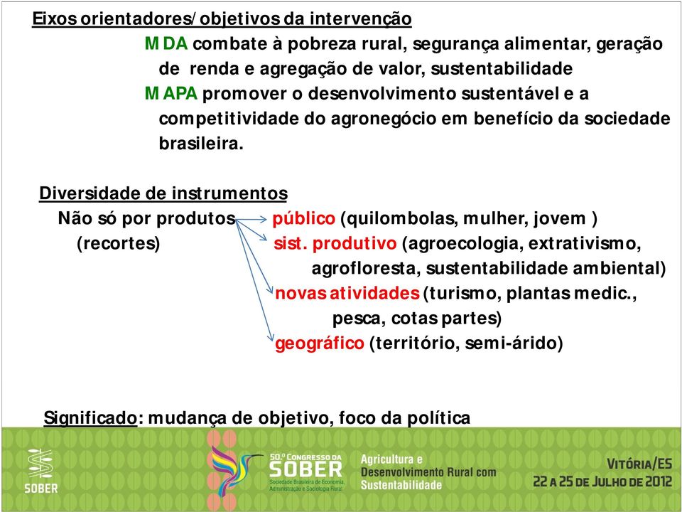 Diversidade de instrumentos Não só por produtos público (quilombolas, mulher, jovem ) (recortes) sist.