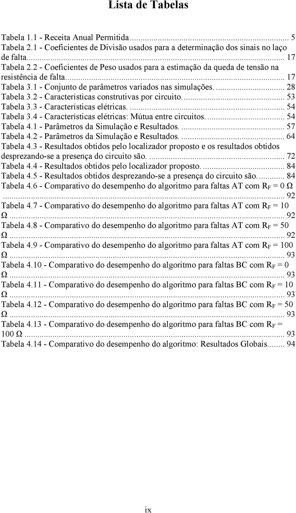 .. 5 Tabela. - Caracerísicas eléricas.... 54 Tabela.4 - Caracerísicas eléricas: úua enre circuios... 54 Tabela 4. - Parâmeros da Simulação e Resulados.... 57 Tabela 4.