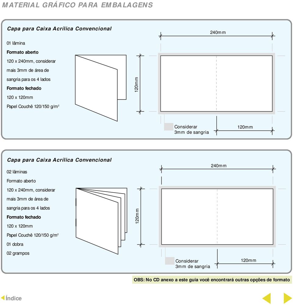 Convencional 02 lâminas 240mm Formato aberto 120 x 240mm, considerar mais 3mm de área de sangria para os 4 lados Formato fechado 120 x 120mm