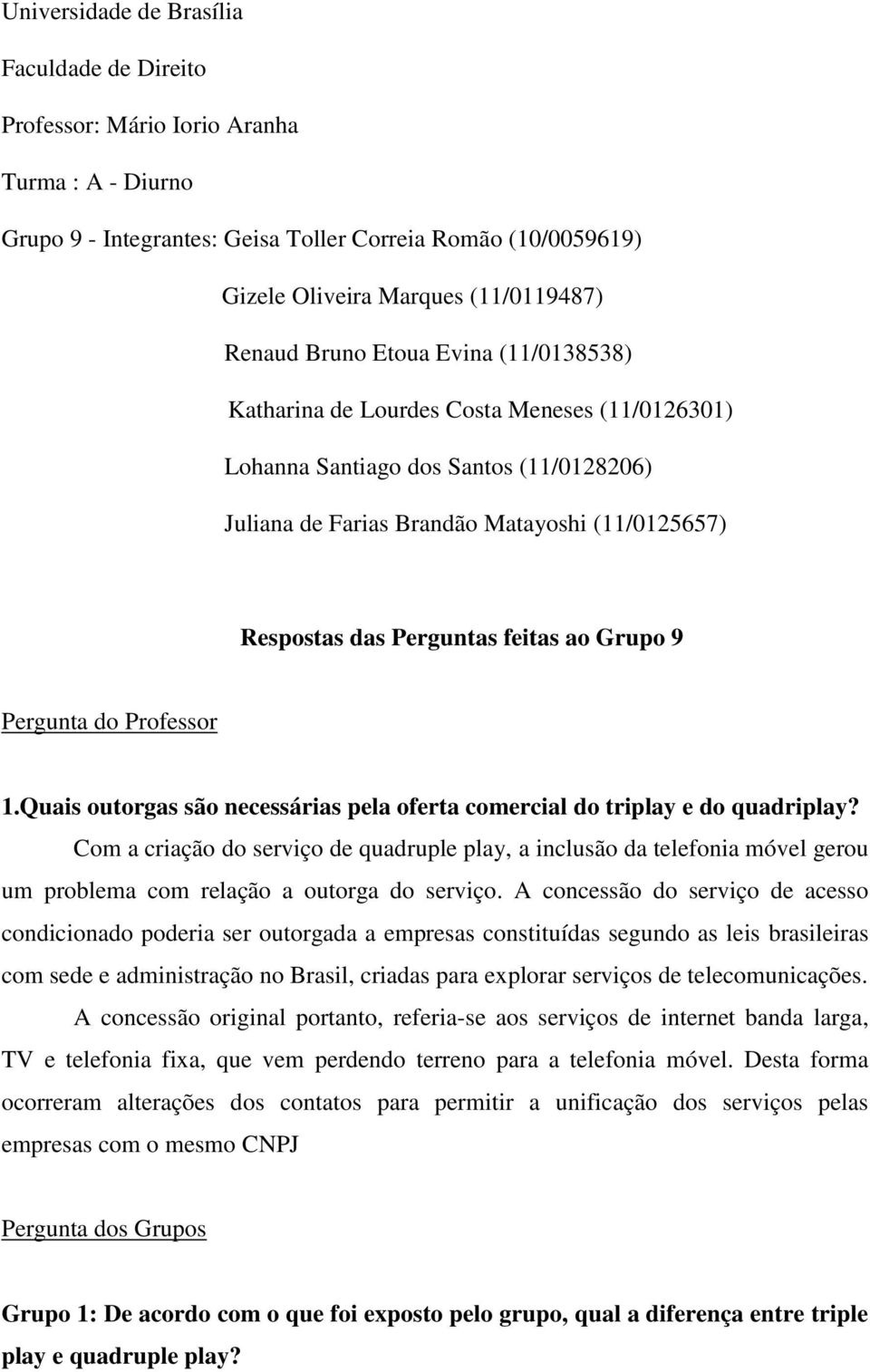 feitas ao Grupo 9 Pergunta do Professor 1.Quais outorgas são necessárias pela oferta comercial do triplay e do quadriplay?