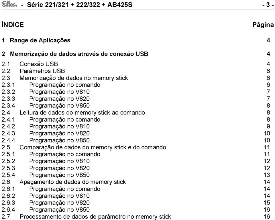 4 Leitura de dados do memory stick ao comando 8 2.4.1 rogramação no comando 8 2.4.2 rogramação no V810 9 2.4.3 rogramação no V820 10 2.4.4 rogramação no V850 10 2.