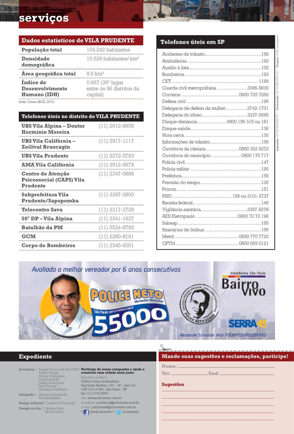 (11) 2917-1117 Zeilival Bruscagin UBS Vila Prudente (11) 2272-5763 AMA Vila Califórnia (11) 2912-9879 Centro de Atenção (11) 2347-0886 Psicossocial (CAPS) Vila Prudente Subprefeitura Vila (11)