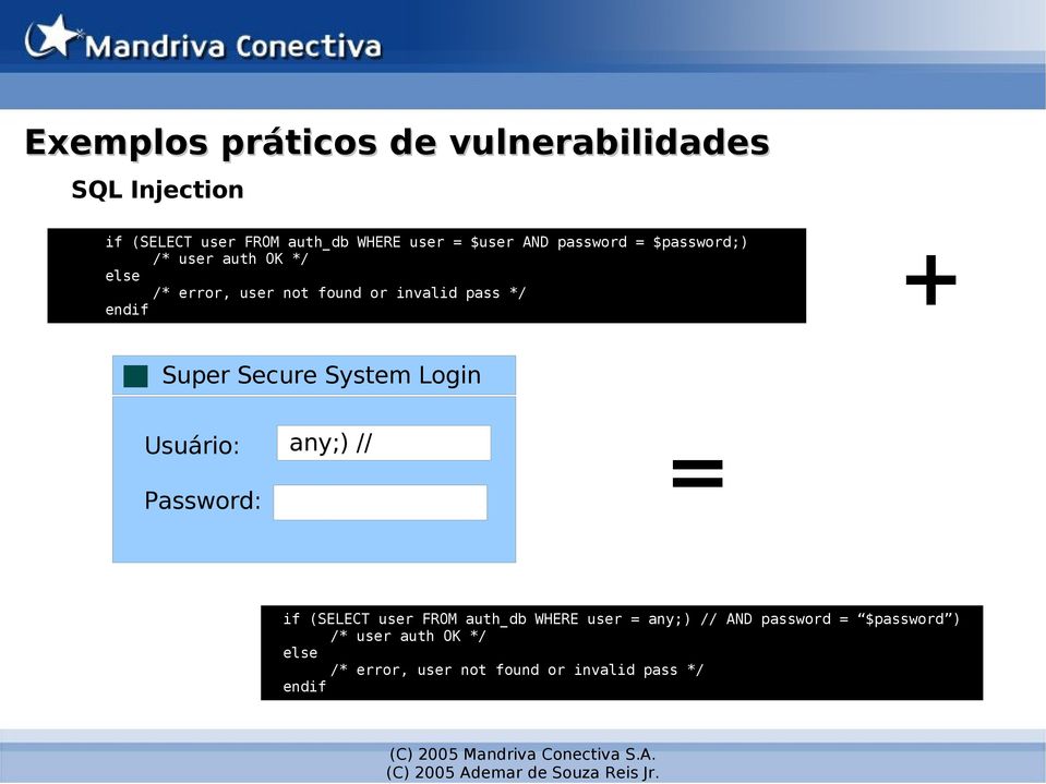 Super Secure System Login Usuário: Password: any;) // = if (SELECT user FROM auth_db WHERE user =