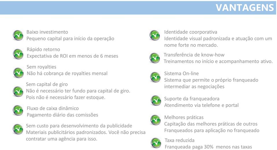 Fluxo de caixa dinâmico Pagamento diário das comissões Sem custo para desenvolvimento da publicidade Materiais publicitários padronizados. Você não precisa contratar uma agência para isso.