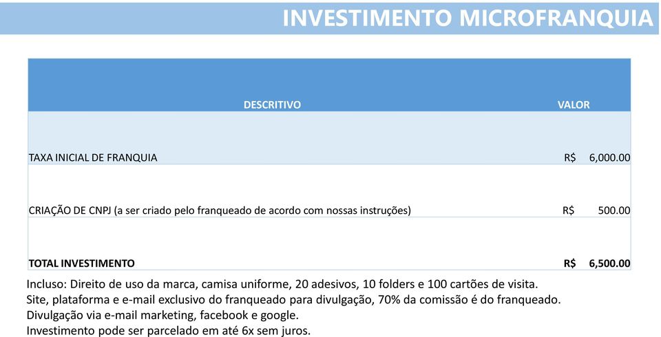 00 Incluso: Direito de uso da marca, camisa uniforme, 20 adesivos, 10 folders e 100 cartões de visita.