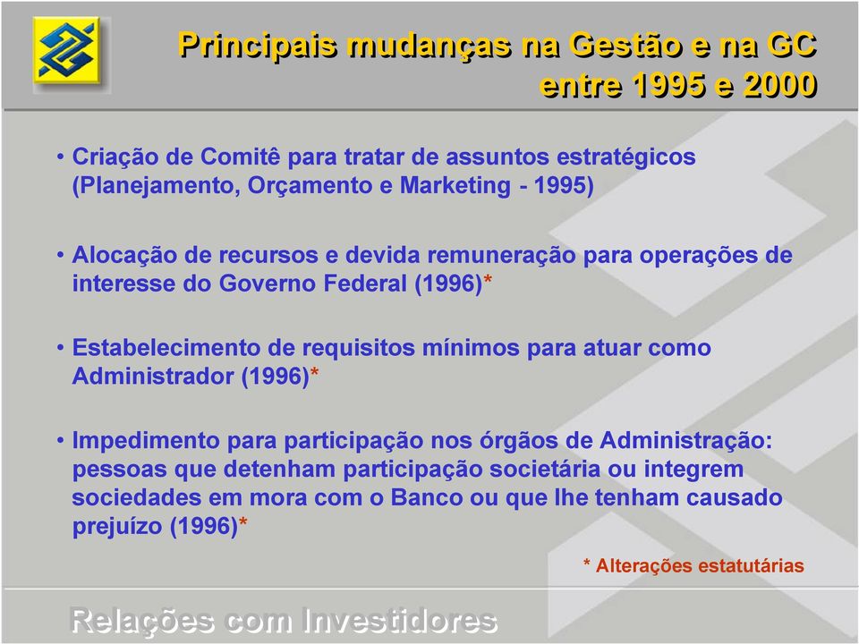 requisitos mínimos para atuar como Administrador (1996)* Impedimento para participação nos órgãos de Administração: pessoas que