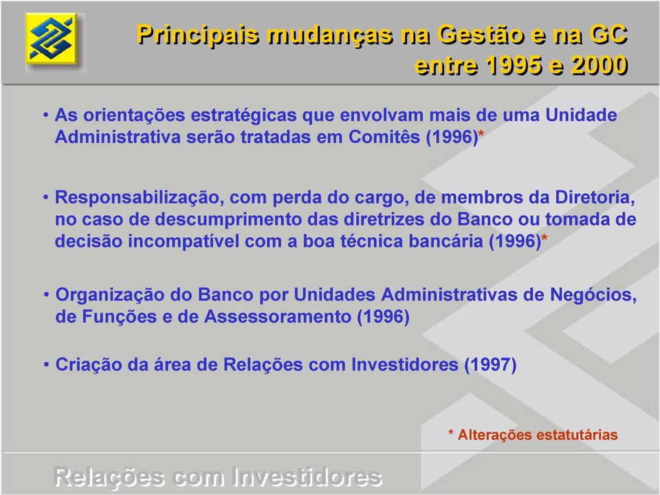 descumprimento das diretrizes do Banco ou tomada de decisão incompatível com a boa técnica bancária (1996)* Organização do