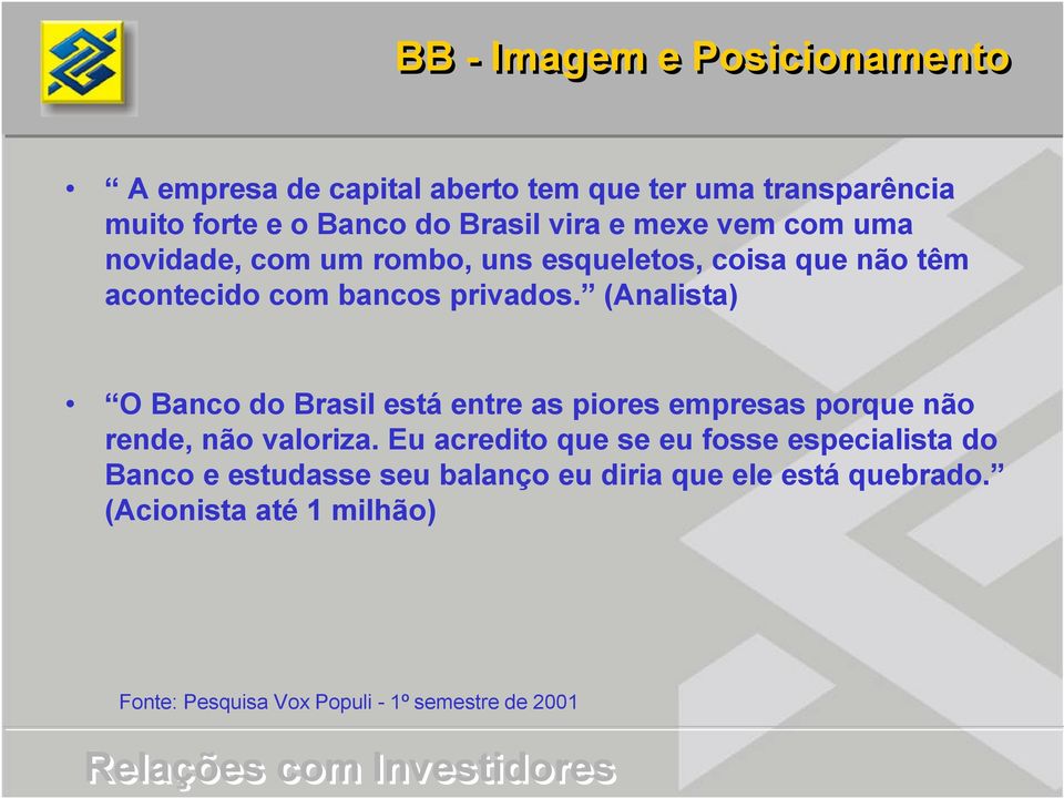 (Analista) O Banco do Brasil está entre as piores empresas porque não rende, não valoriza.