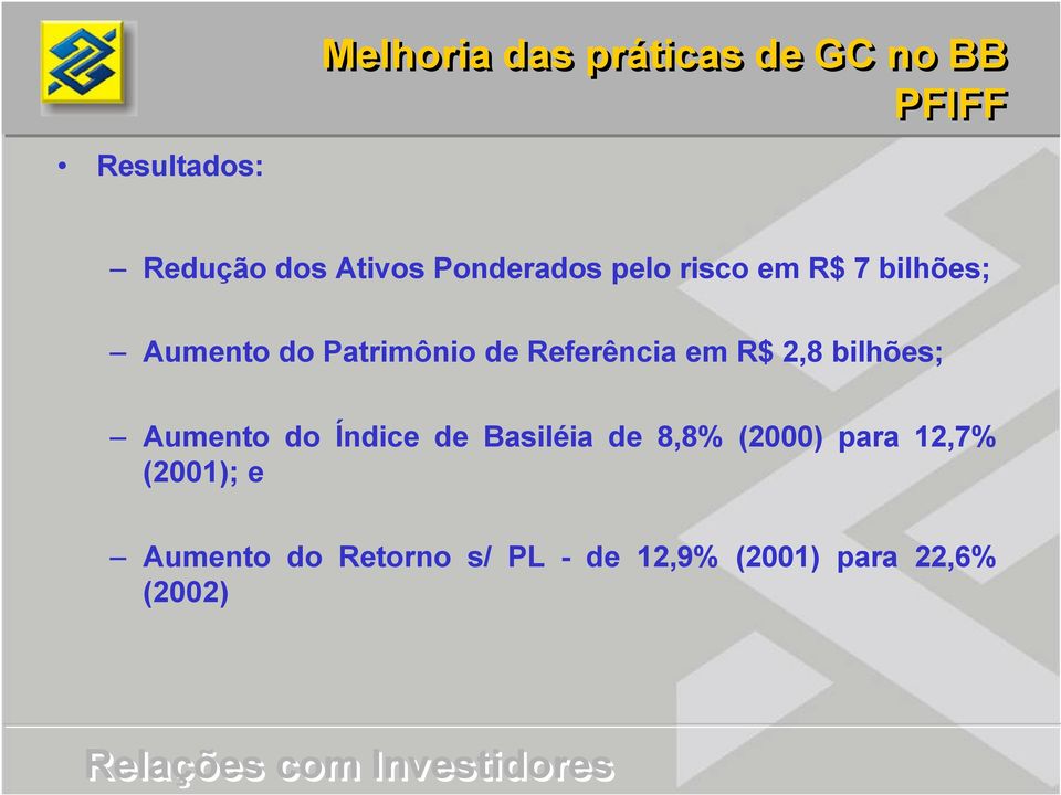 Referência em R$ 2,8 bilhões; Aumento do Índice de Basiléia de 8,8%