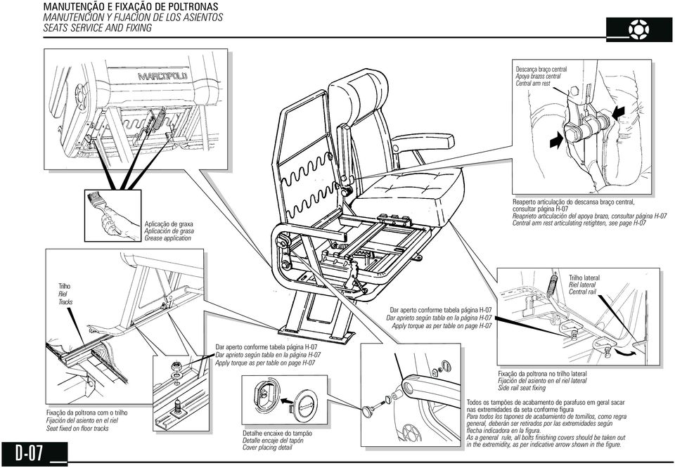 page H-07 Trilho Riel Tracks Dar aperto conforme tabela página H-07 Dar aprieto según tabla en la página H-07 Apply torque as per table on page H-07 Trilho lateral Riel lateral Central rail D-07