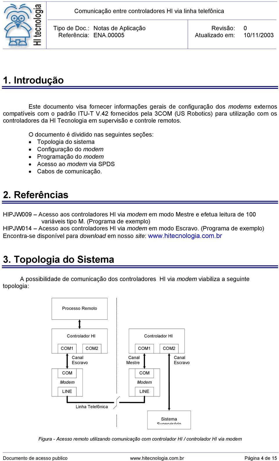 O documento é dividido nas seguintes seções: Topologia do sistema Configuração do modem Programação do modem Acesso ao modem via SPDS Cabos de comunicação. 2.