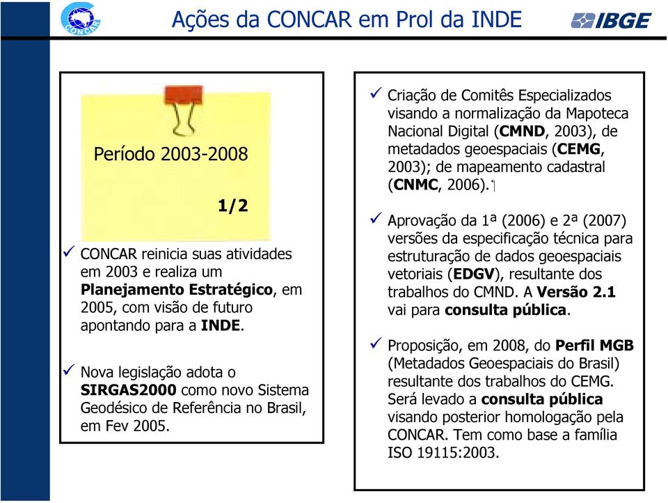 Criação d Comitês Espcializados visando a normalização da Mapotca Nacional Digital (CMND, 2003), d mtadados gospaciais (CEMG, 2003); d mapamnto cadastral (CNMC, 2006).