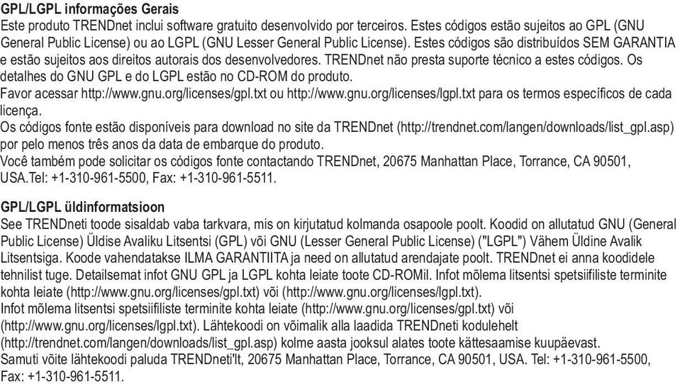 Estes códigos são distribuídos SEM GARANTIA e estão sujeitos aos direitos autorais dos desenvolvedores. TRENDnet não presta suporte técnico a estes códigos.