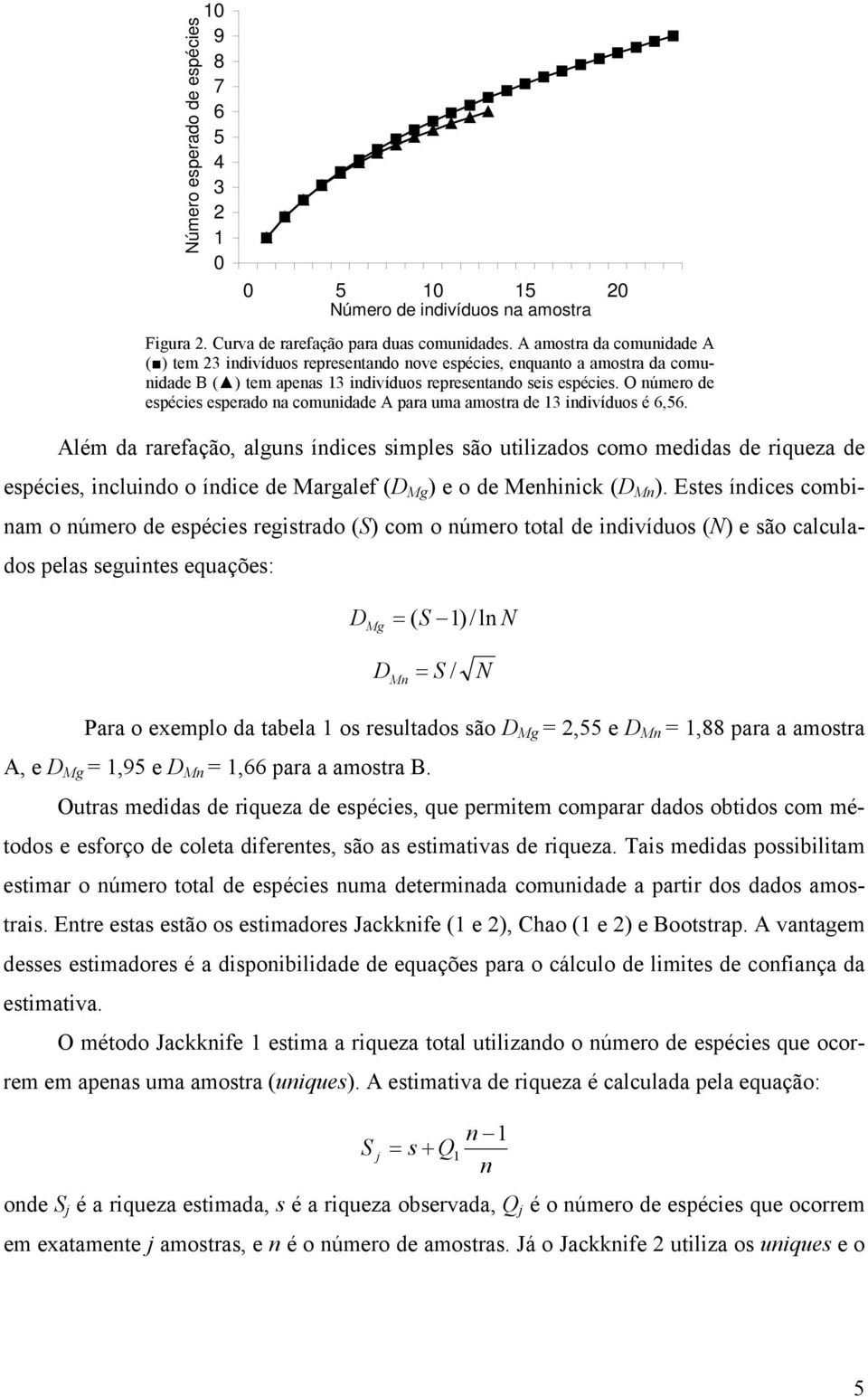 O número de espécies esperado na comunidade A para uma amostra de 13 indivíduos é 6,56.