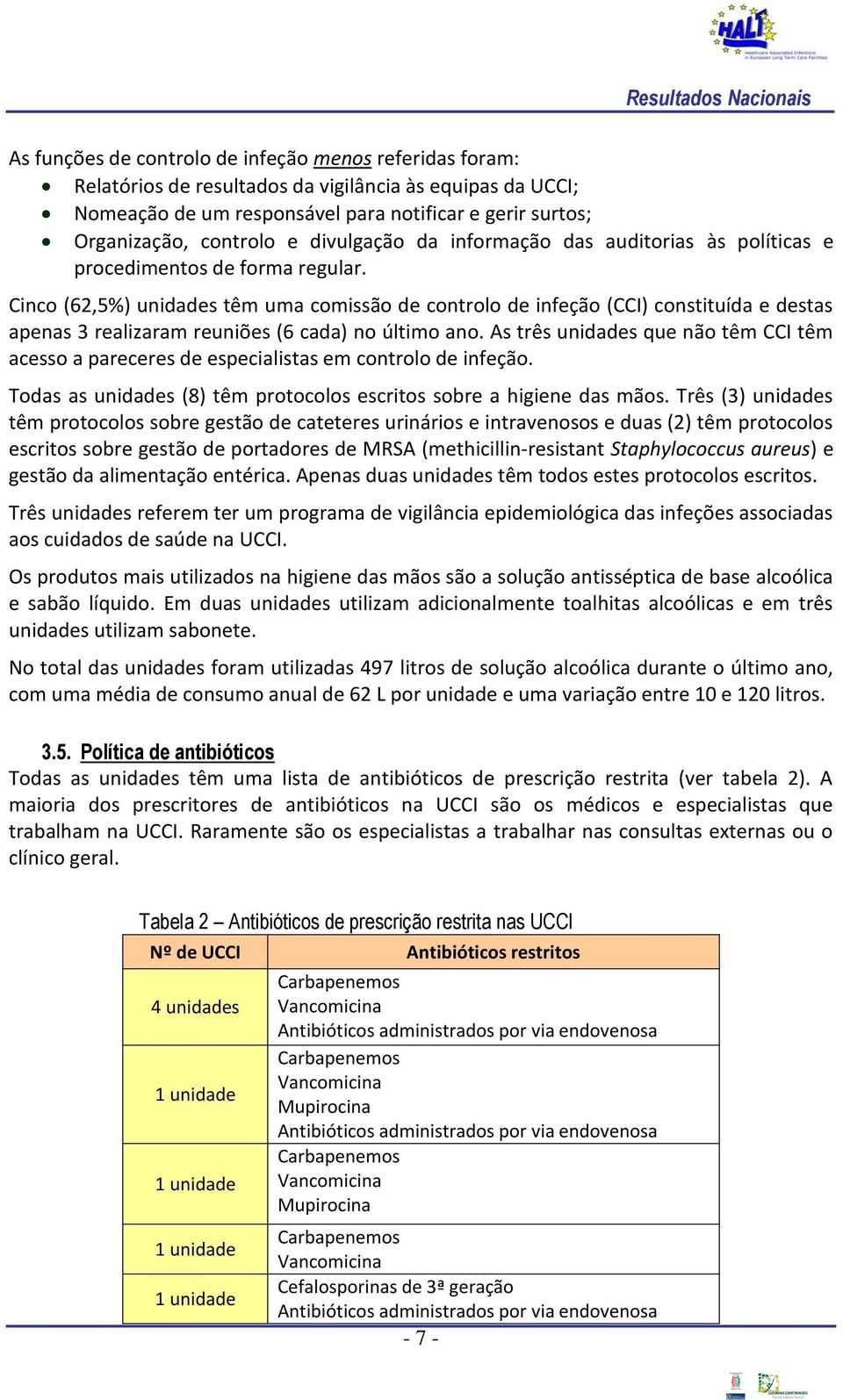 Cinco (62,5%) unidades têm uma comissão de controlo de infeção (CCI) constituída e destas apenas 3 realizaram reuniões (6 cada) no último ano.