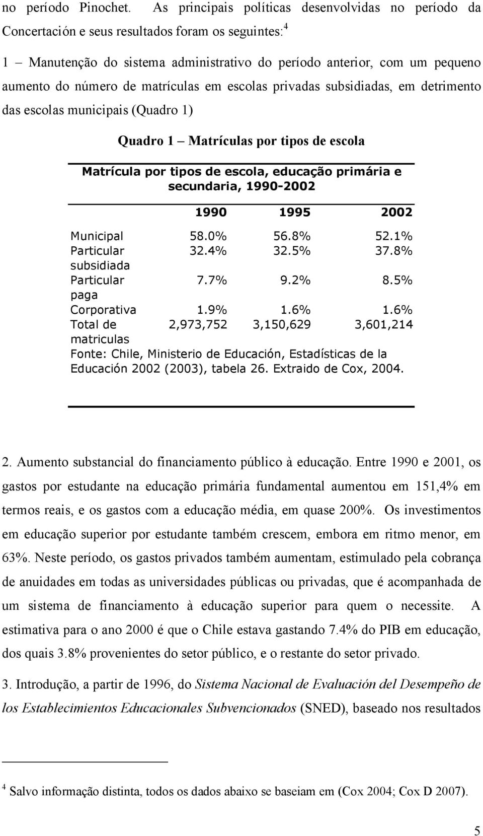 de matrículas em escolas privadas subsidiadas, em detrimento das escolas municipais (Quadro 1) Quadro 1 Matrículas por tipos de escola Matrícula por tipos de escola, educação primária e secundaria,