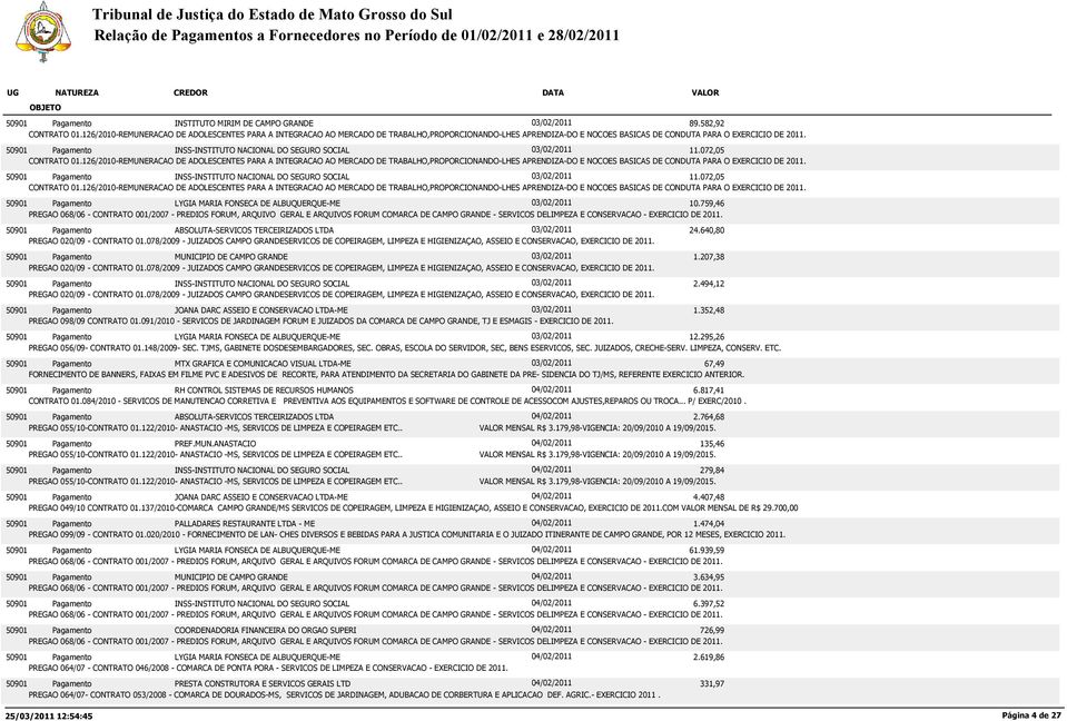 INSS-INSTITUTO NACIONAL DO SEGURO SOCIAL 03/02/2011 11.072,05 CONTRATO 01. INSS-INSTITUTO NACIONAL DO SEGURO SOCIAL 03/02/2011 11.072,05 CONTRATO 01. LYGIA MARIA FONSECA DE ALBUQUERQUE-ME 03/02/2011 10.