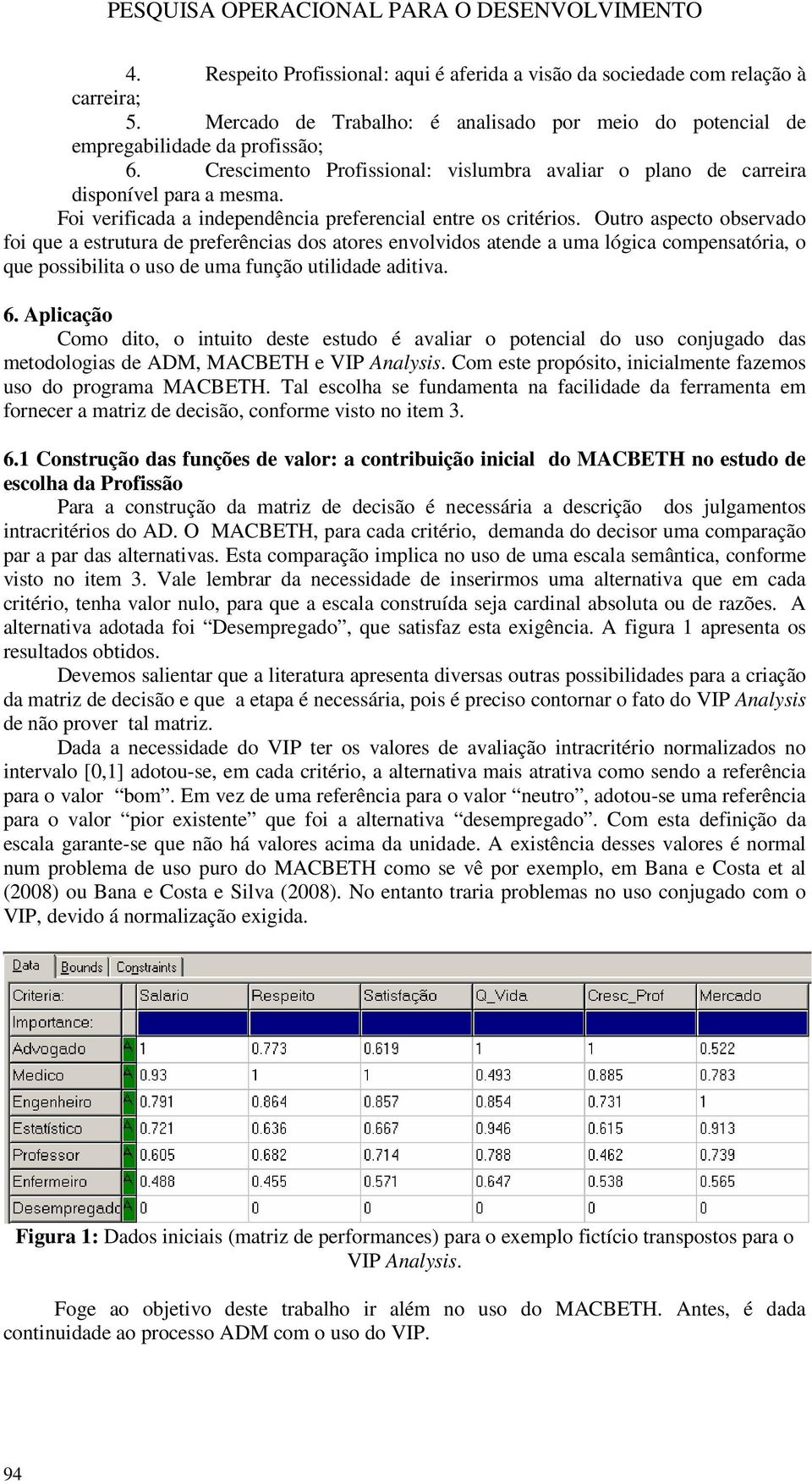 Outro aspecto observado foi que a estrutura de preferências dos atores envolvidos atende a uma lógica compensatória, o que possibilita o uso de uma função utilidade aditiva. 6.