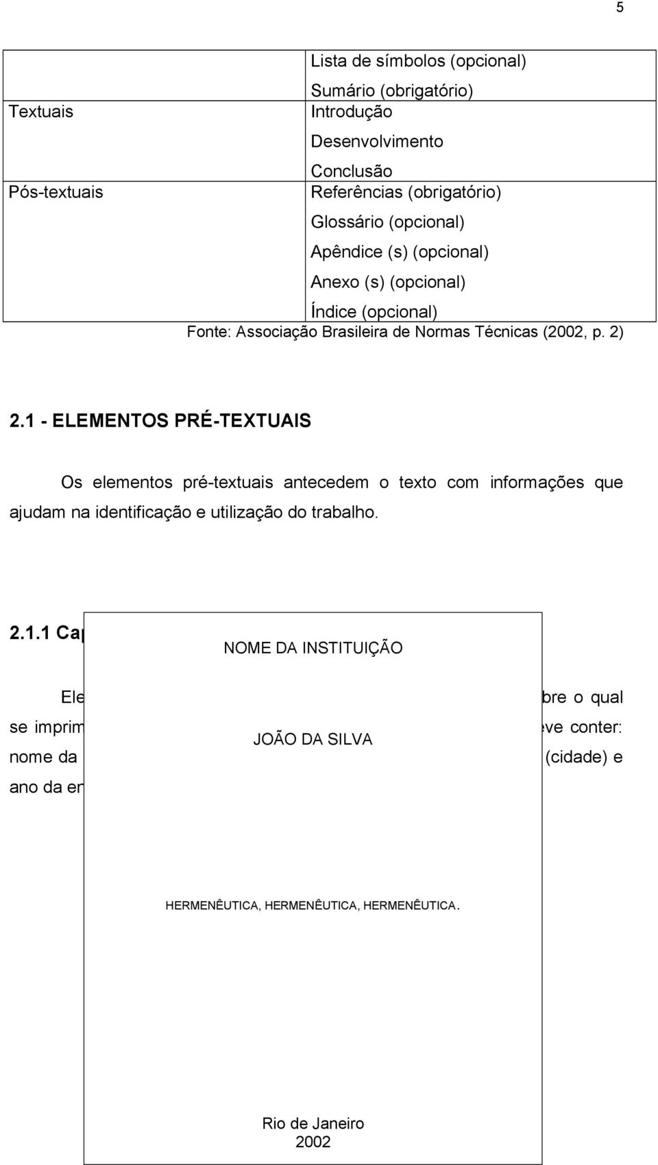 1 - ELEMENTOS PRÉ-TEXTUAIS Os elementos pré-textuais antecedem o texto com informações que ajudam na identificação e utilização do trabalho. 2.1.1 Capa NOME DA INSTITUIÇÃO Elemento obrigatório para proteção externa do trabalho e sobre o qual se imprimem as informações indispensáveis à sua identificação.