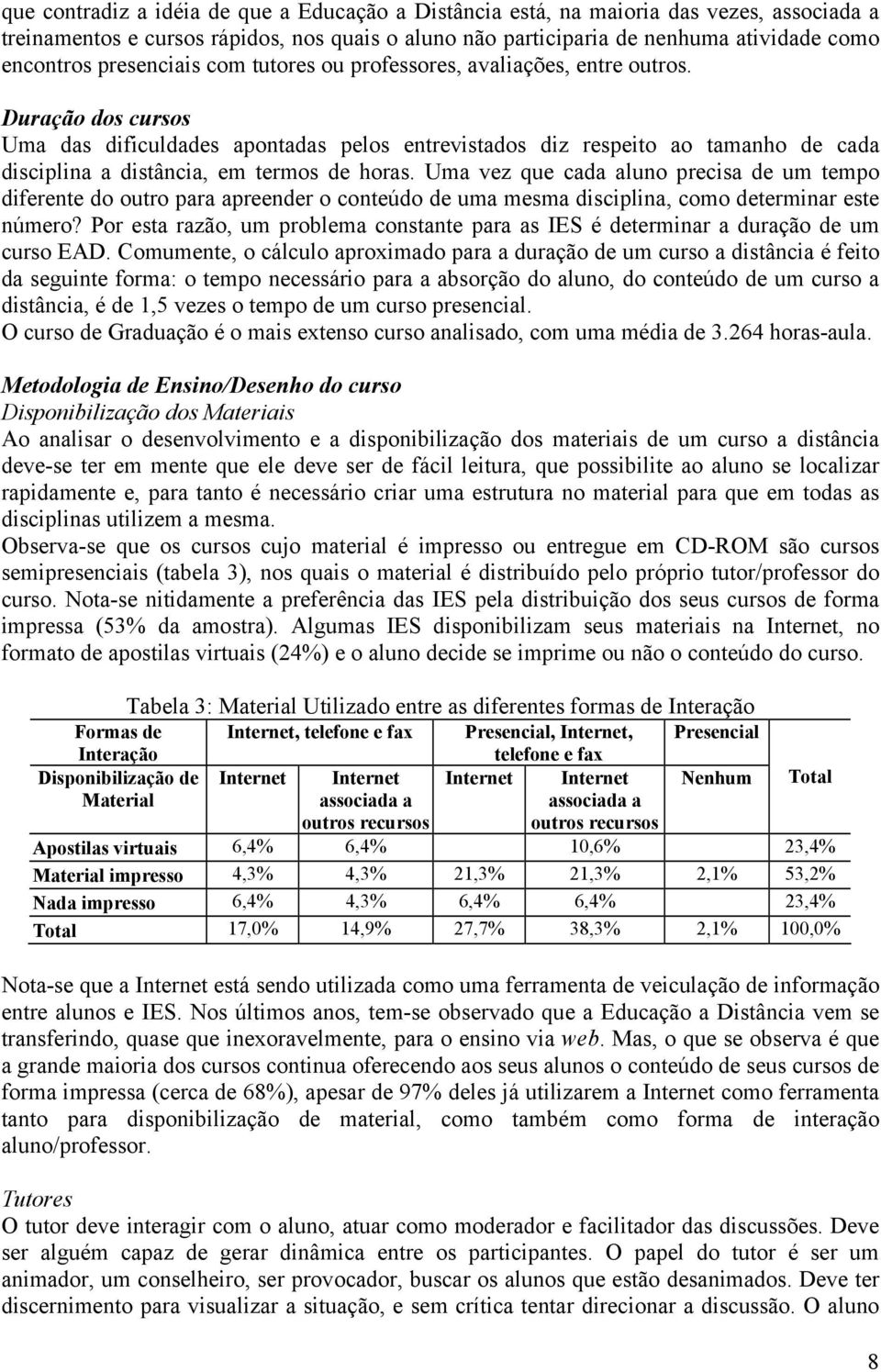 Duração dos cursos Uma das dificuldades apontadas pelos entrevistados diz respeito ao tamanho de cada disciplina a distância, em termos de horas.