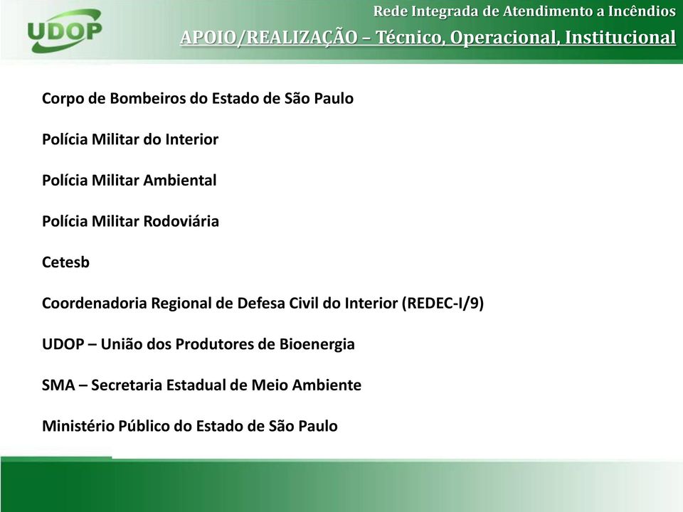 Cetesb Coordenadoria Regional de Defesa Civil do Interior (REDEC-I/9) UDOP União dos