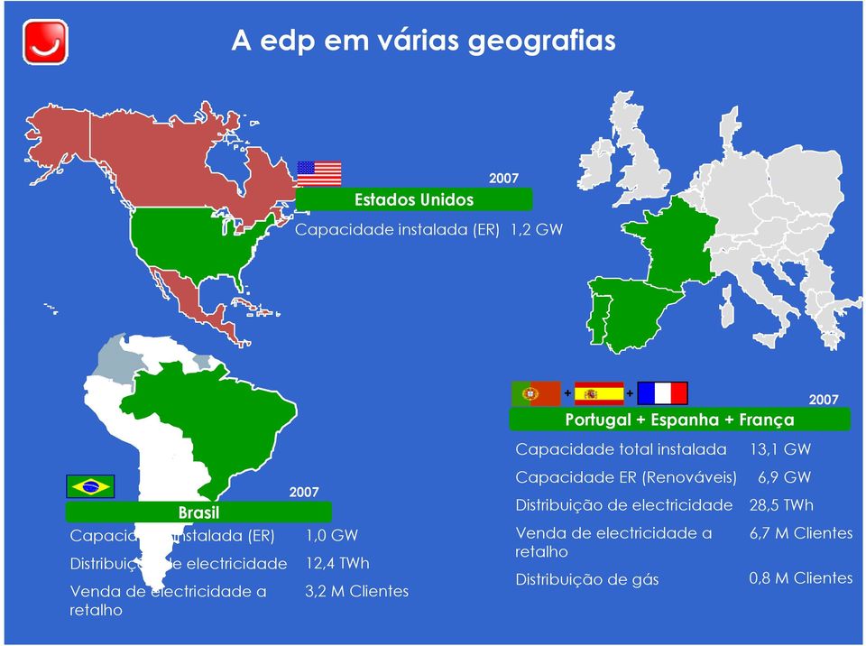 2007 1,0 GW 12,4 TWh 3,2 M Clientes Capacidade total instalada Capacidade ER (Renováveis) Distribuição de