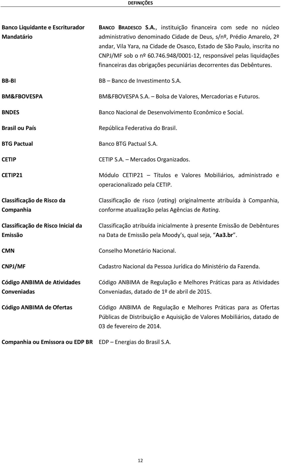 BIMA de Atividades Conveniadas Código ANBIMA de Ofertas Companhia ou Emissora ou EDP BR BANCO BRADESCO S.A., instituição financeira com sede no núcleo administrativo denominado Cidade de Deus, s/nº,