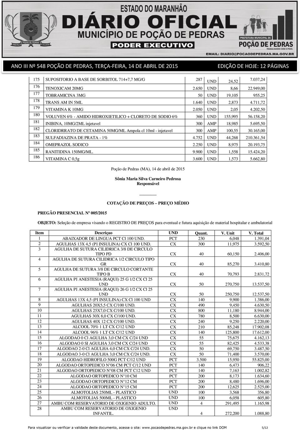 695,50 CLORIDRRATO DE CETAMINA 50MG/ML Ampola cl 10ml - injetavel 300 AMP 100,55 30.165,00 SULFADIAZINA DE PRATA - 1% 4.752 44,268 210.361,54 OMEPRAZOL SODICO 2.250 8,975 20.