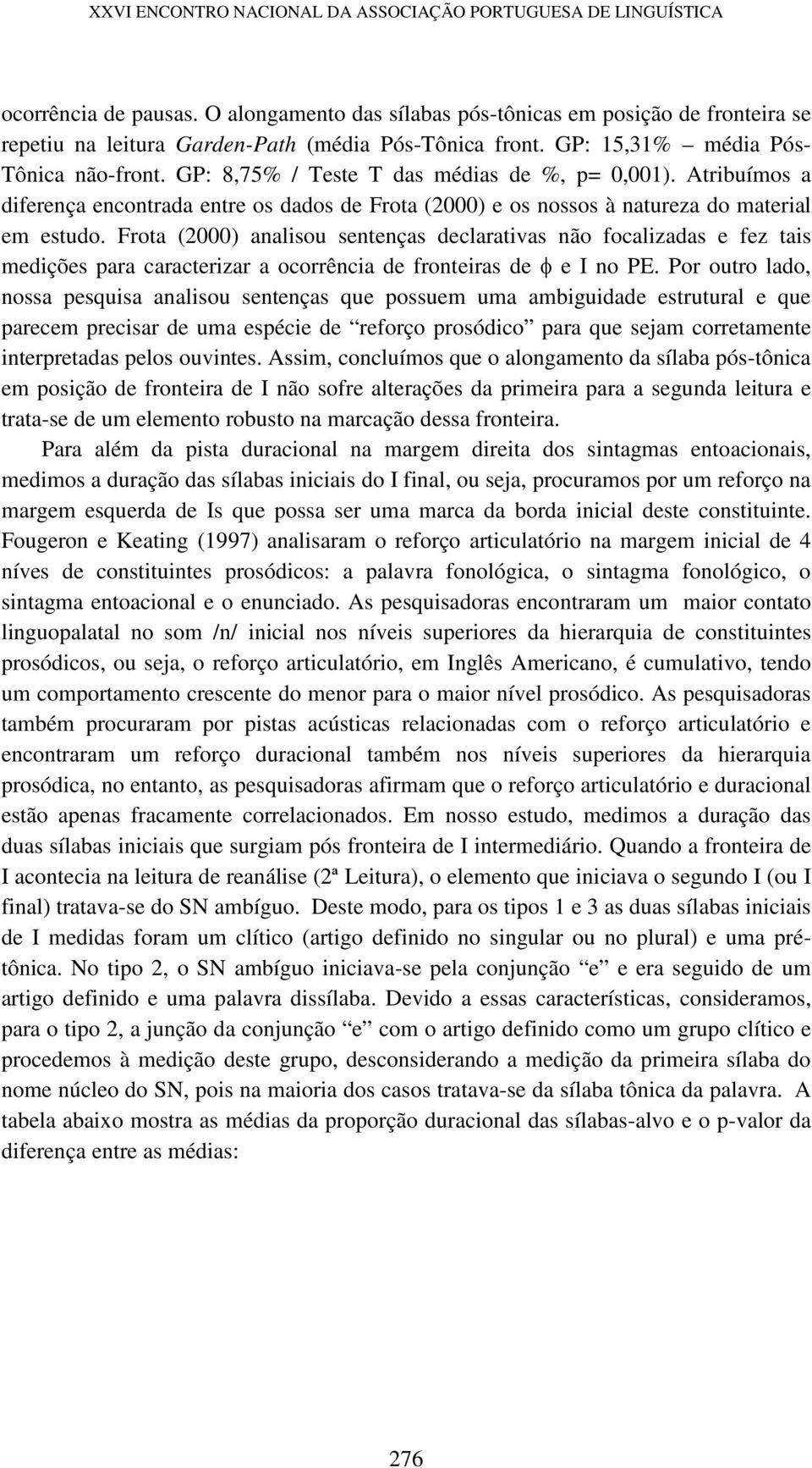 GP: 8,75% / Teste T das médias de %, p= 0,001). Atribuímos a diferença encontrada entre os dados de Frota (2000) e os nossos à natureza do material em estudo.