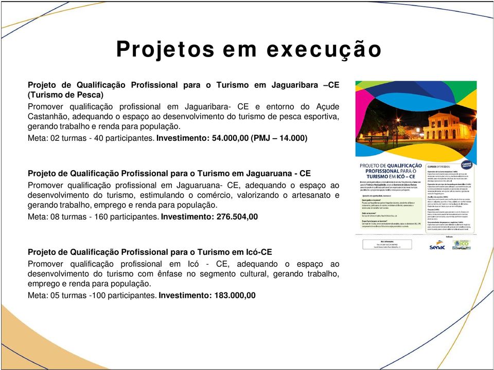 000) Projeto de Qualificação Profissional para o Turismo em Jaguaruana - CE Promover qualificação profissional em Jaguaruana- CE, adequando o espaço ao desenvolvimento do turismo, estimulando o