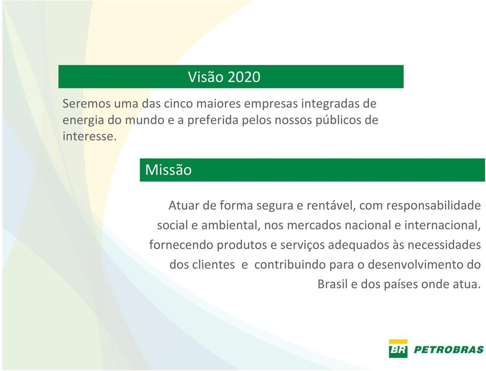 Atuar de forma segura e rentável, com responsabilidade social e ambiental, nos mercados nacional e